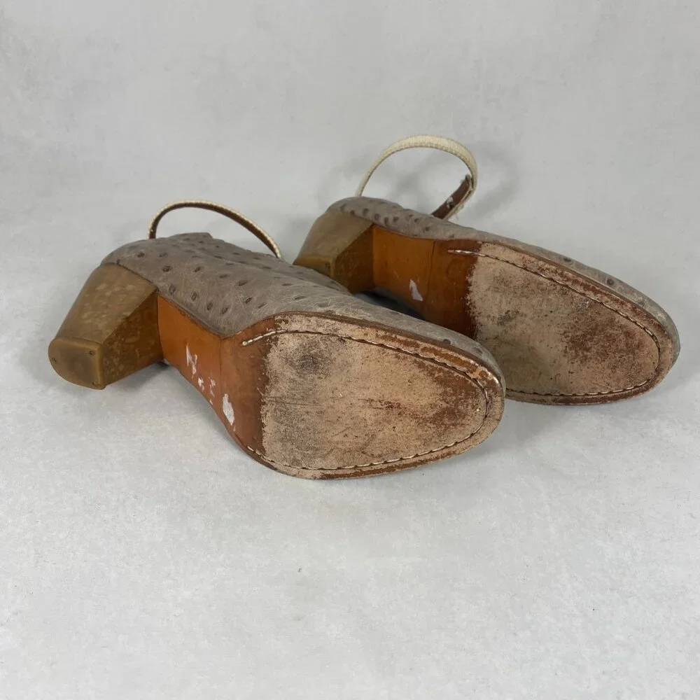 Rachel Comey Pinion Ostrich Leather Booties Gray Ankle Strap Wood Heel 7